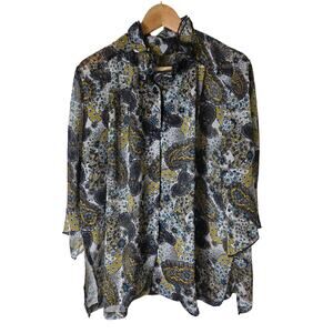 ST. HELENA Blue Yellow Floral Paisley 3/4 Sleeve Ruffle Neck Semi Sheer SZ L